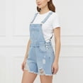 thumbnail image 3 of Karight Womens Light Wash Distressed Denim Shortalls Adjustable Straps Frayed Hem Casual Summer Overalls, 3 of 8