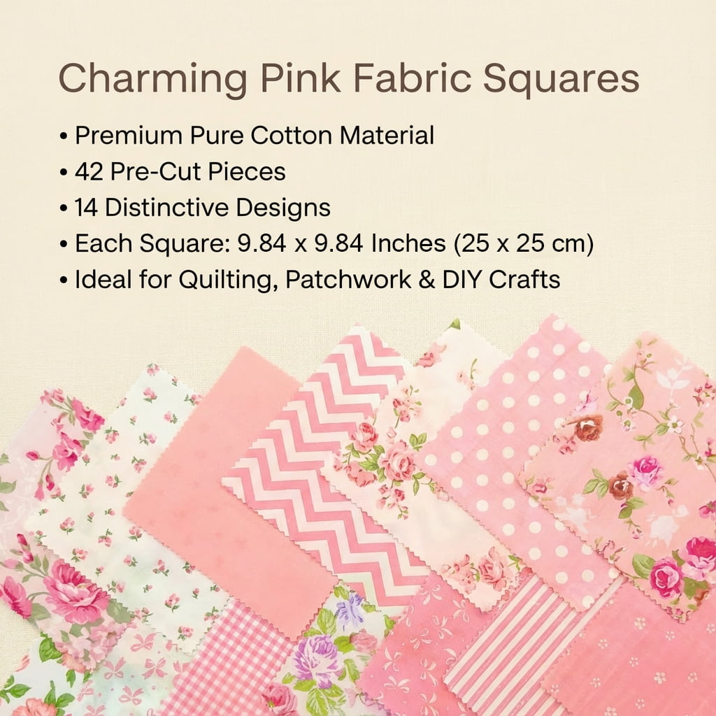 iMzoon 42Pcs Pink Precut Fabric 10" Squares with Wavy Edges | Cotton Fat Quarters for Quilting & Sewing, DIY Craft Supplies and Color Analysis Swatches - Pink