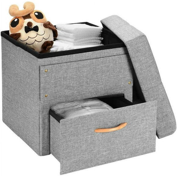 Folding Storage Ottoman with One Drawer, Storage Chest Foot Rest Stool (Grey, 17"x16.5"x16.5")