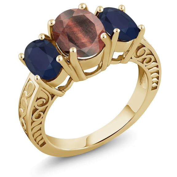 Gem Stone King 3.50 Ct Oval Red Tiger Eye Blue Sapphire 18K Yellow Gold Plated Silver Ring (Size 5)