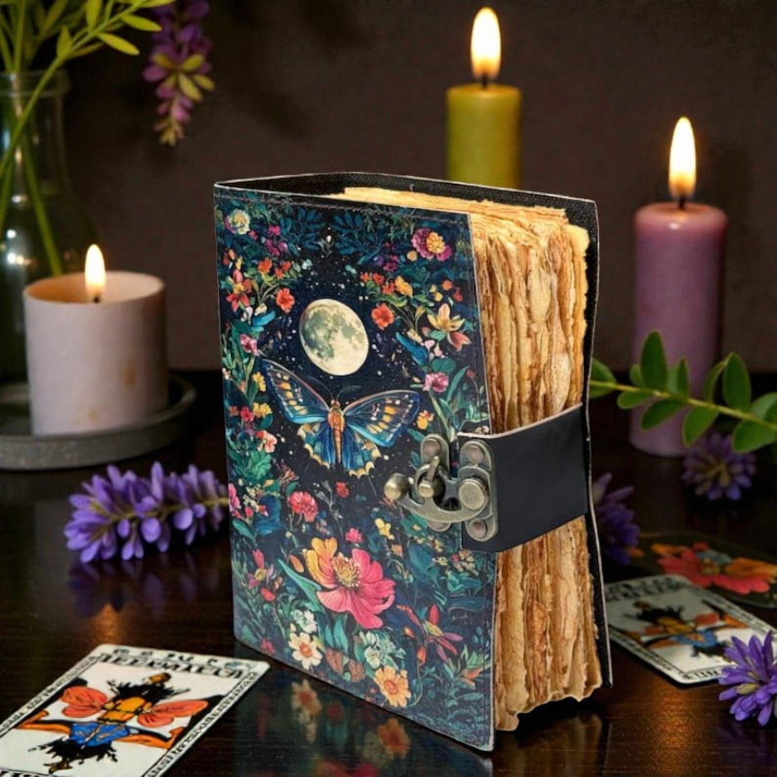 Handmade Leather Journal 5x7 Inches – Moon & Butterfly Floral Notebook, 200 Deckle-Edge Pages, Vintage Lock, Artisan Writing Diary
