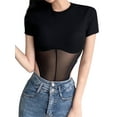 thumbnail image 6 of Franhais Sheer Spliced Bodysuits Women Leotard Top Summer Short Sleeve Bodycon Shirt Bodysuit Vintage Body Top（S-L）, 6 of 9