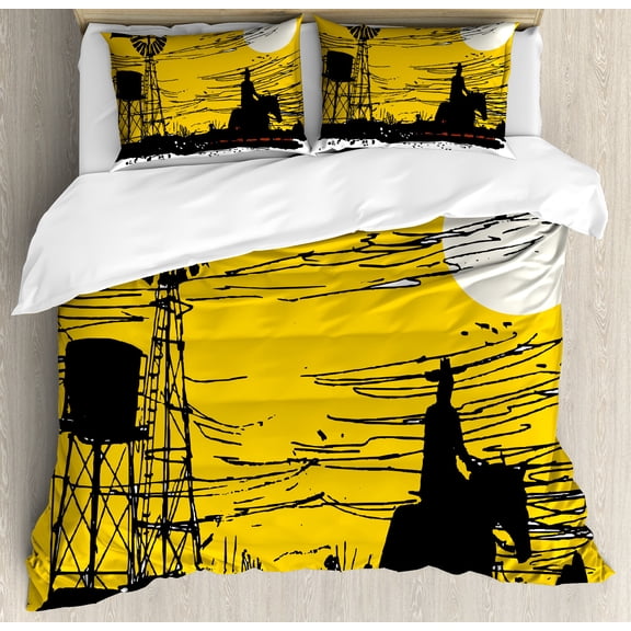 Windmill Duvet Cover Set, Australian Outback Inspired Art Cowboy on Horse at Sunset, Decorative 3 Piece Bedding Set with 2 Pillow Shams, Calking Size, Earth Yellow Black, by Ambesonne