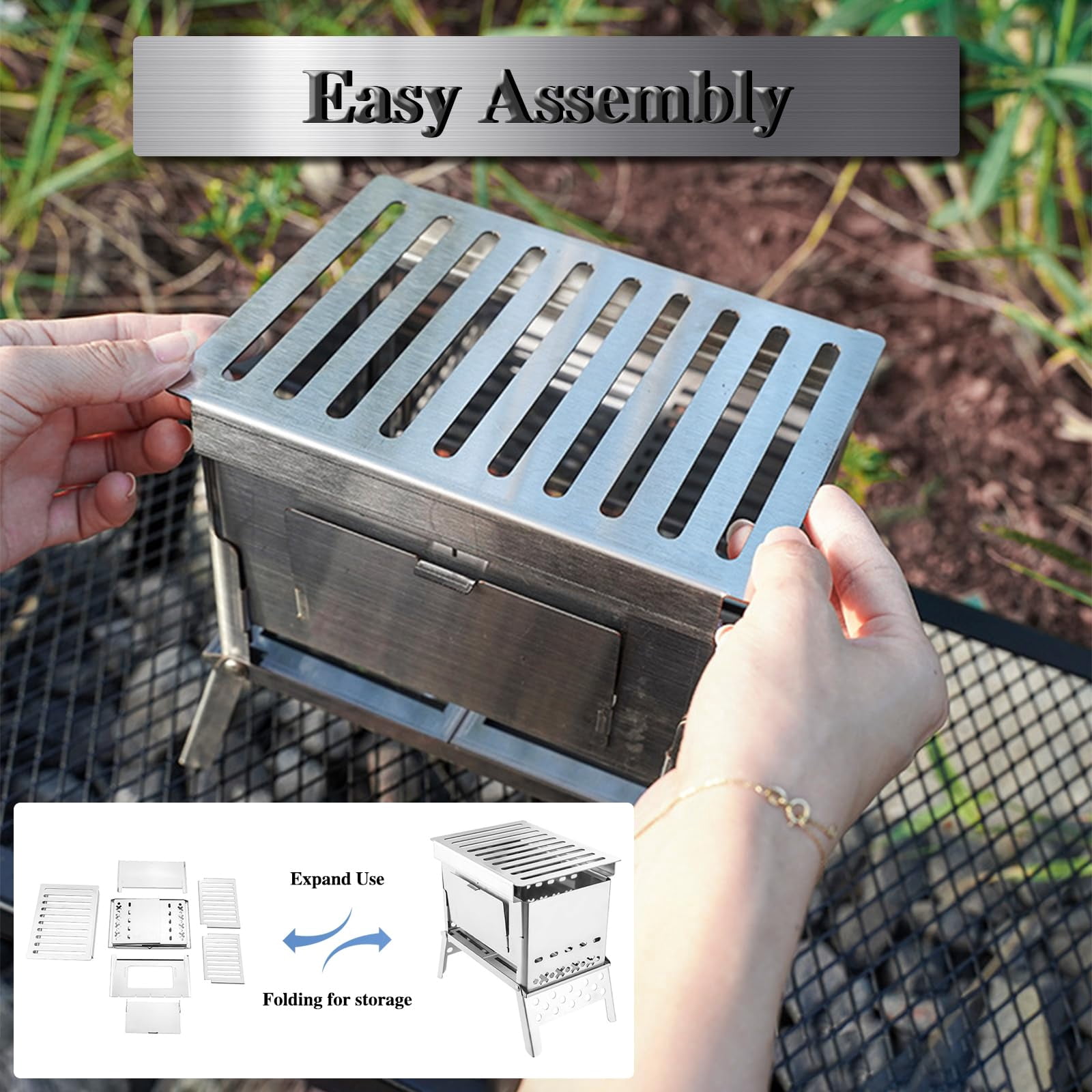 Portable Camping Stove Wood Burning Stoves Folding Stainless Steel Camping Stove BBQ, Portable Wood Burning Stove with Carrying Bag for Backpacking Camping Hiking Camping