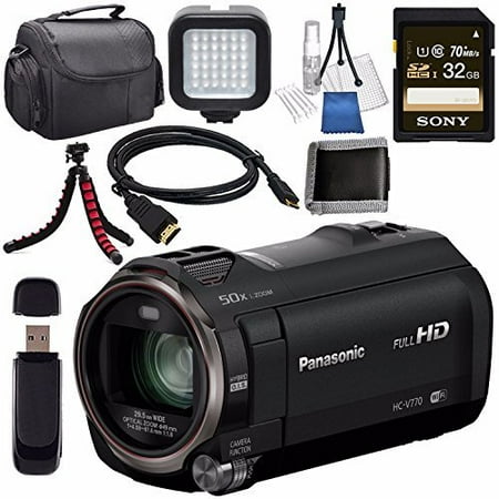 Panasonic HC-V770 HC-V770K Full HD Camcorder + Sony 32GB SDHC Card + Lens Cleaning Kit + Flexible Tripod + Carrying Case + Memory Card Wallet + Card Reader + Mini HDMI Cable + LED Light