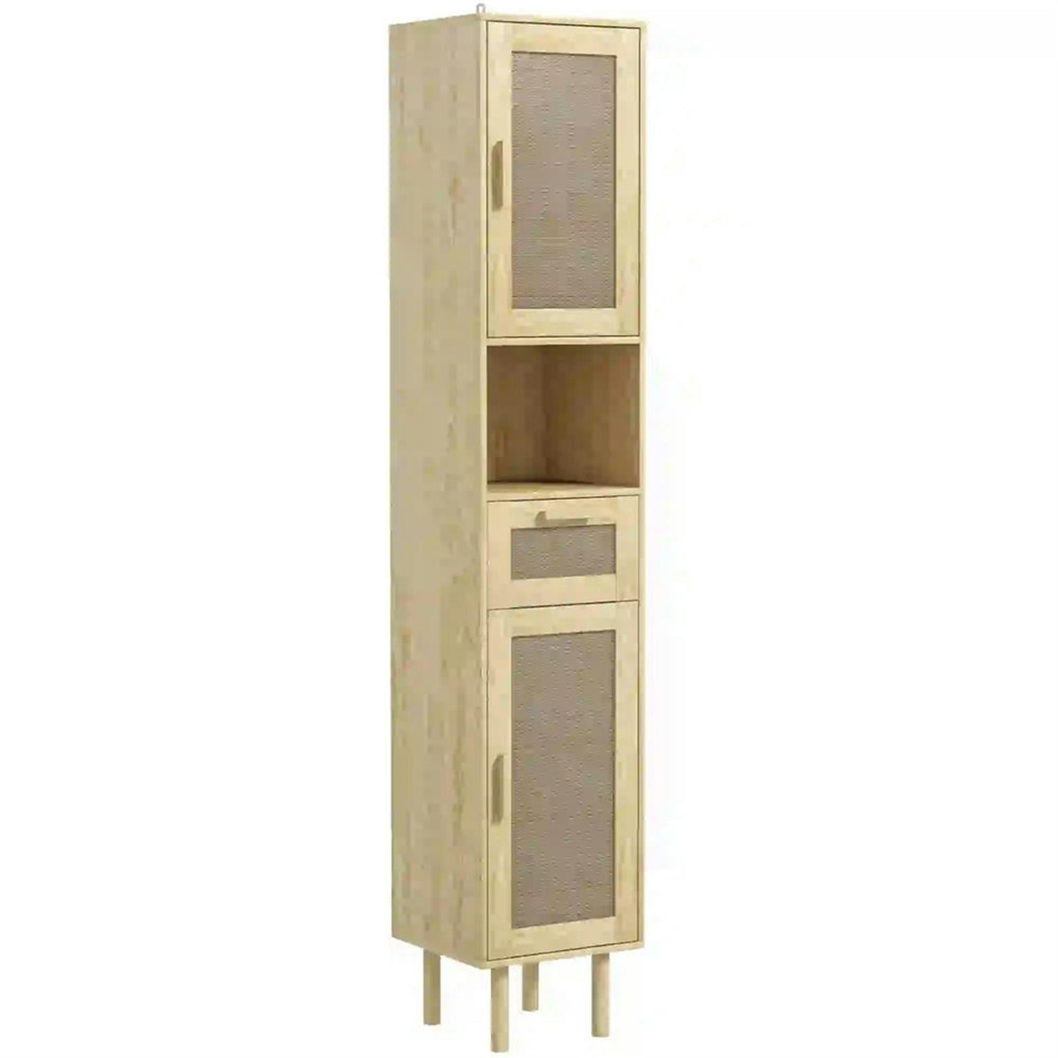 Demi Bonn 67" Tall Bathroom Storage Cabinet, Freestanding Cabinet with Rattan Drawer and Door for Living Room, Kitchen, Dining Room, Office, Beige