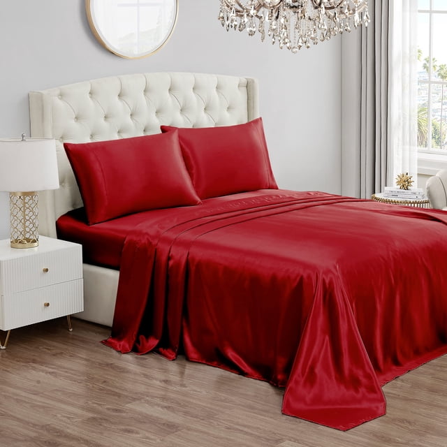 Juego de sábanas de satén Juicy Couture, tamaño queen, rojo, 4 piezas