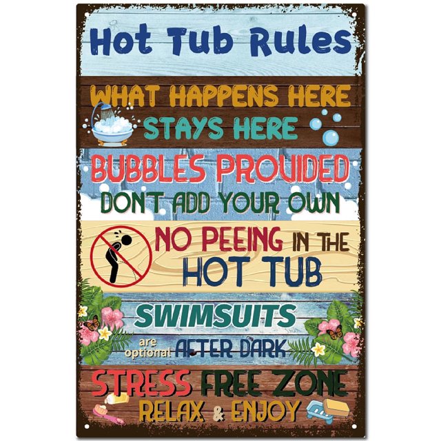 1 cartel de hojalata de metal para baño, estilo retro vintage con reglas para bañera de hidromasaje, decoración para montar en la pared, mural de arte colgante, pintura de hierro para el hogar, bar,