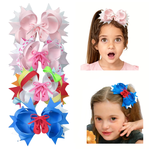 JoyBowie 4 Pcs 5inch Layered Hair Bows for Girls 3-8 Years, Grosgrain Ribbon Clips for Birthday Parties & Daily Hairstyles