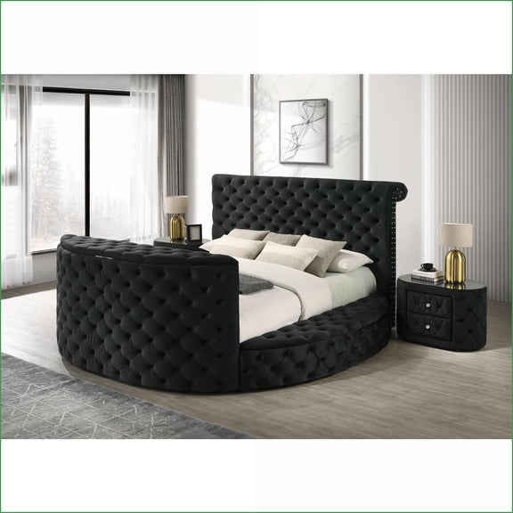 Bedroom Furniture Set | Queen 3pc Modern Black Velvet Bed with Fireplace, TV Lift & Storage | Novelty Beds | Black