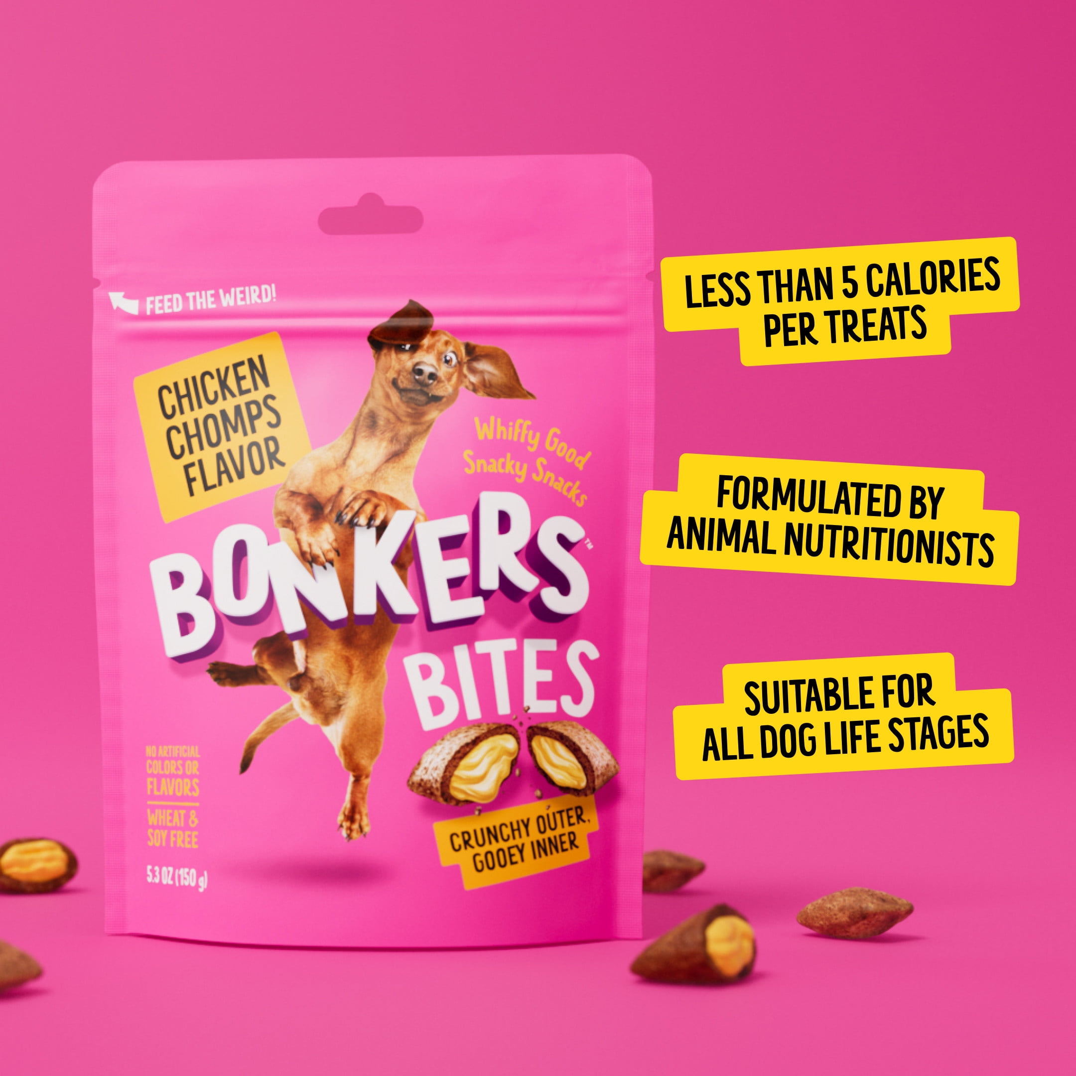 (6 pack) BONKERS Bites Chicken Chomps Flavor Crunchy & Soft Treats for Dogs, 5.3oz Bag