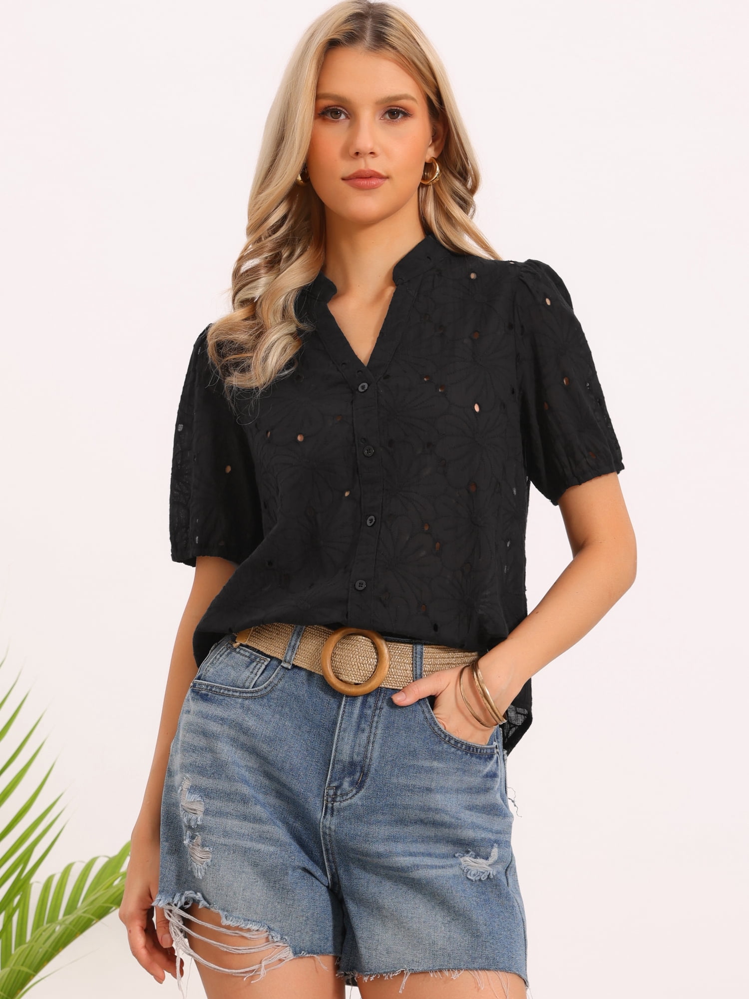 DARING DIVA Women's Eyelet Tops Short Sleeve Casual V Neck Hollow Out Shirts XL Black