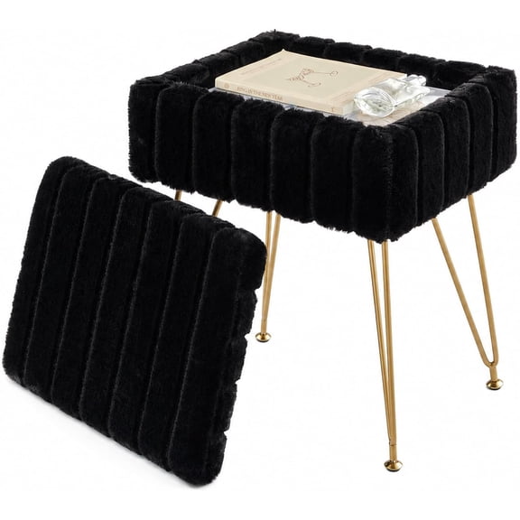 Vanity Stool with Storage, Faux Rabbit Fur Makeup Chair with Padded Seat, Small Storage Ottoman with Gold Metal Legs and Anti-Slip Feet, 330 lbs Capacity for Bedroom, Living Room, Black