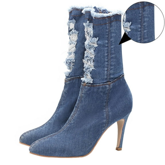 SOPOTUTU 1 Pair Fall Ankle Boots for Women Blue Denim Breathable Thin Heels Casual Wear