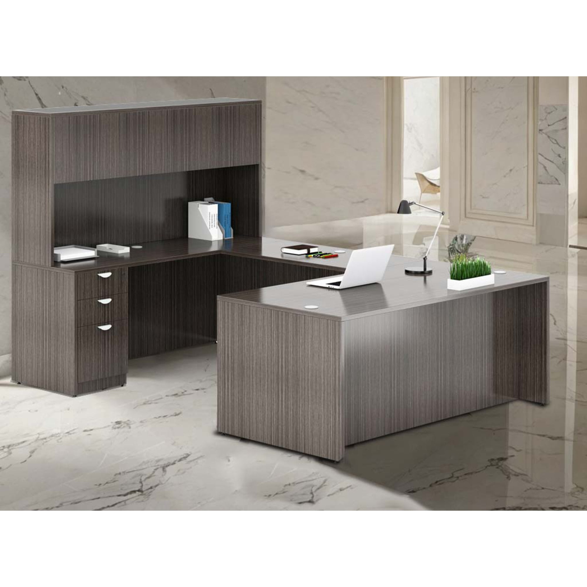 Boss Office Products Holland Series Executive U-Shaped Desk With File Storage Pedestal And Hutch, Driftwood