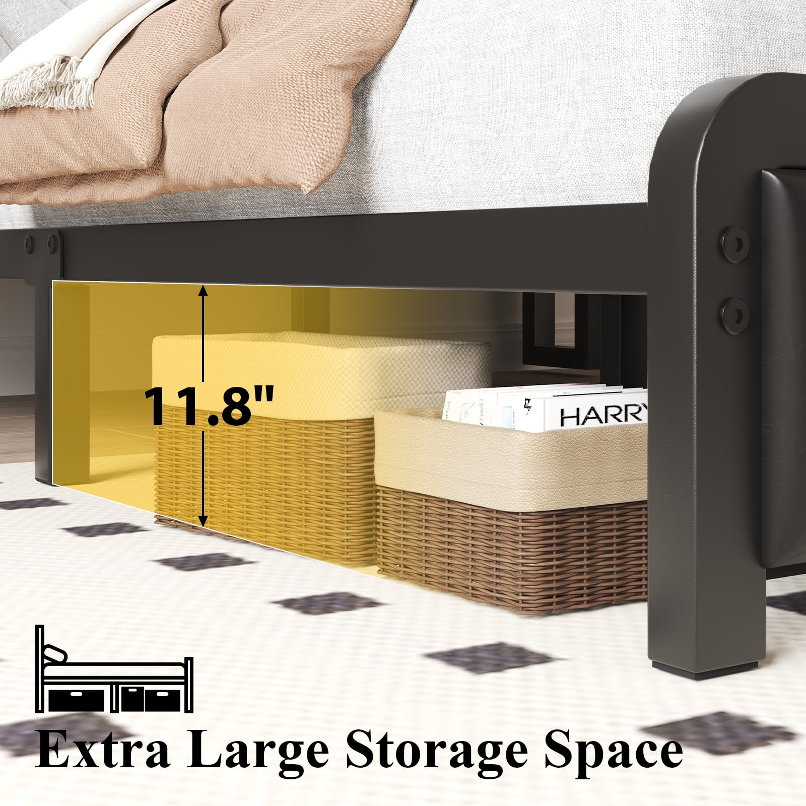 Full Bed Frame with LED Lights, Charging Station , Tall Storage Headboard