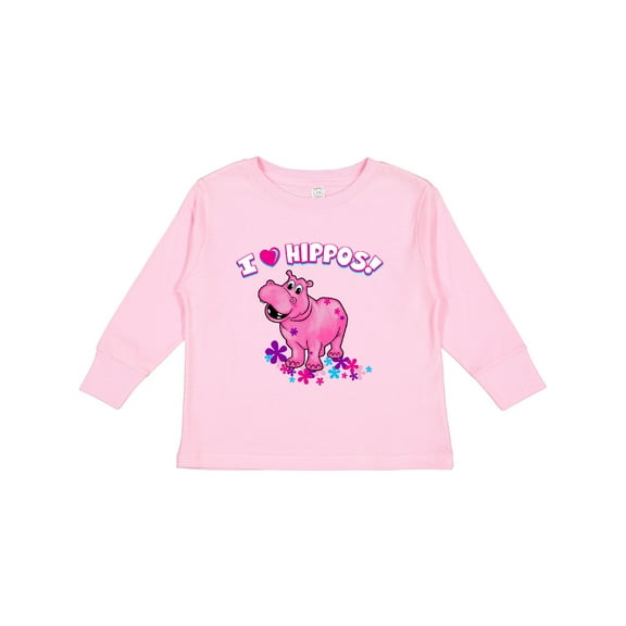 Inktastic I Love Hippos with Pink Hippo and Flowers Boys or Girls Long Sleeve Toddler T-Shirt