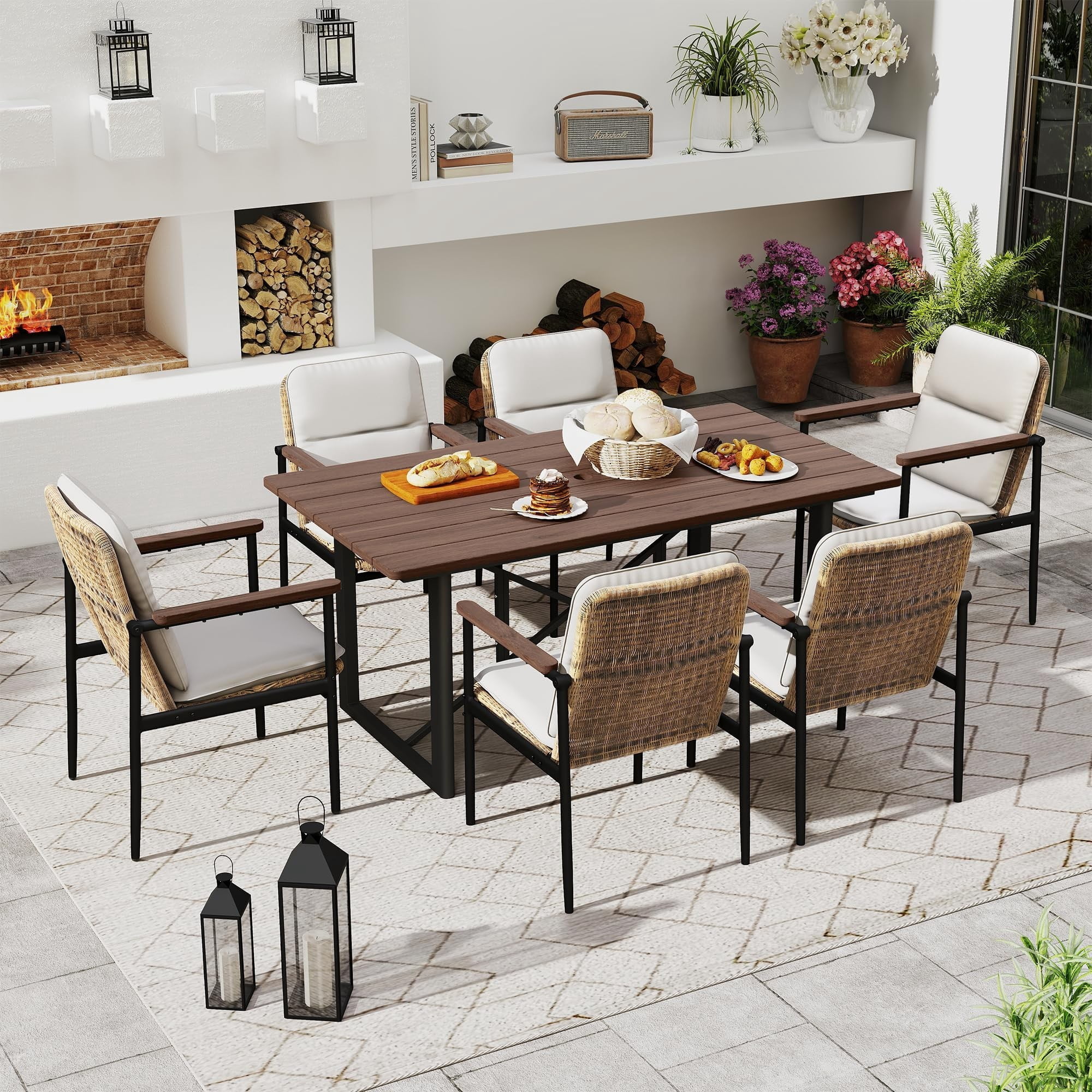 Outdoor Acacia Wood Dining Table for 6, Patio Table with Aluminum Frame & Umbrella Hole, Rectangle Outdoor Dining Table for Backyard Deck Garden