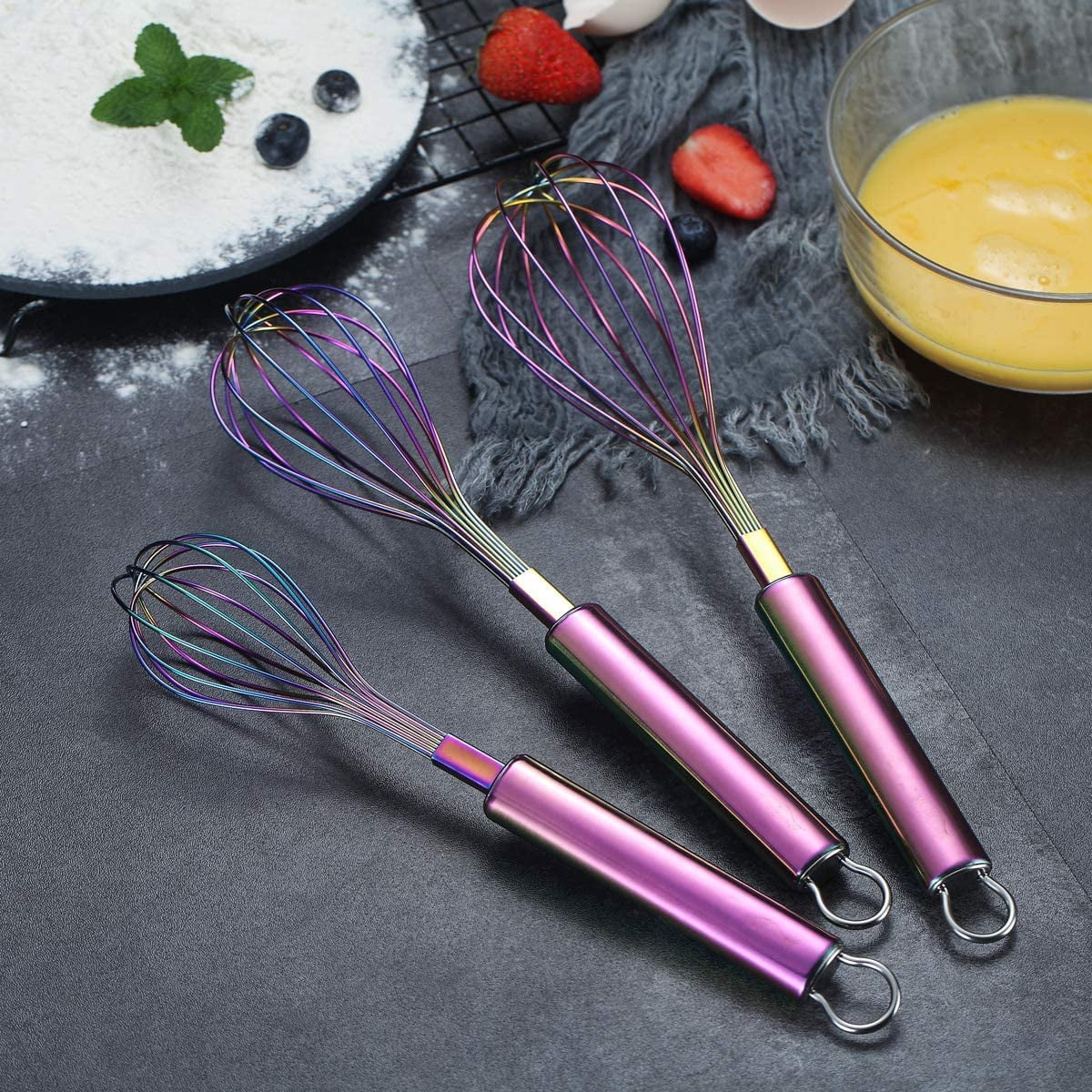ReaNea Gold Whisk Set of 3 Stainless Steel 8 10 12 Beater Wire Whisks  for Cooking Kitchen Wisk 
