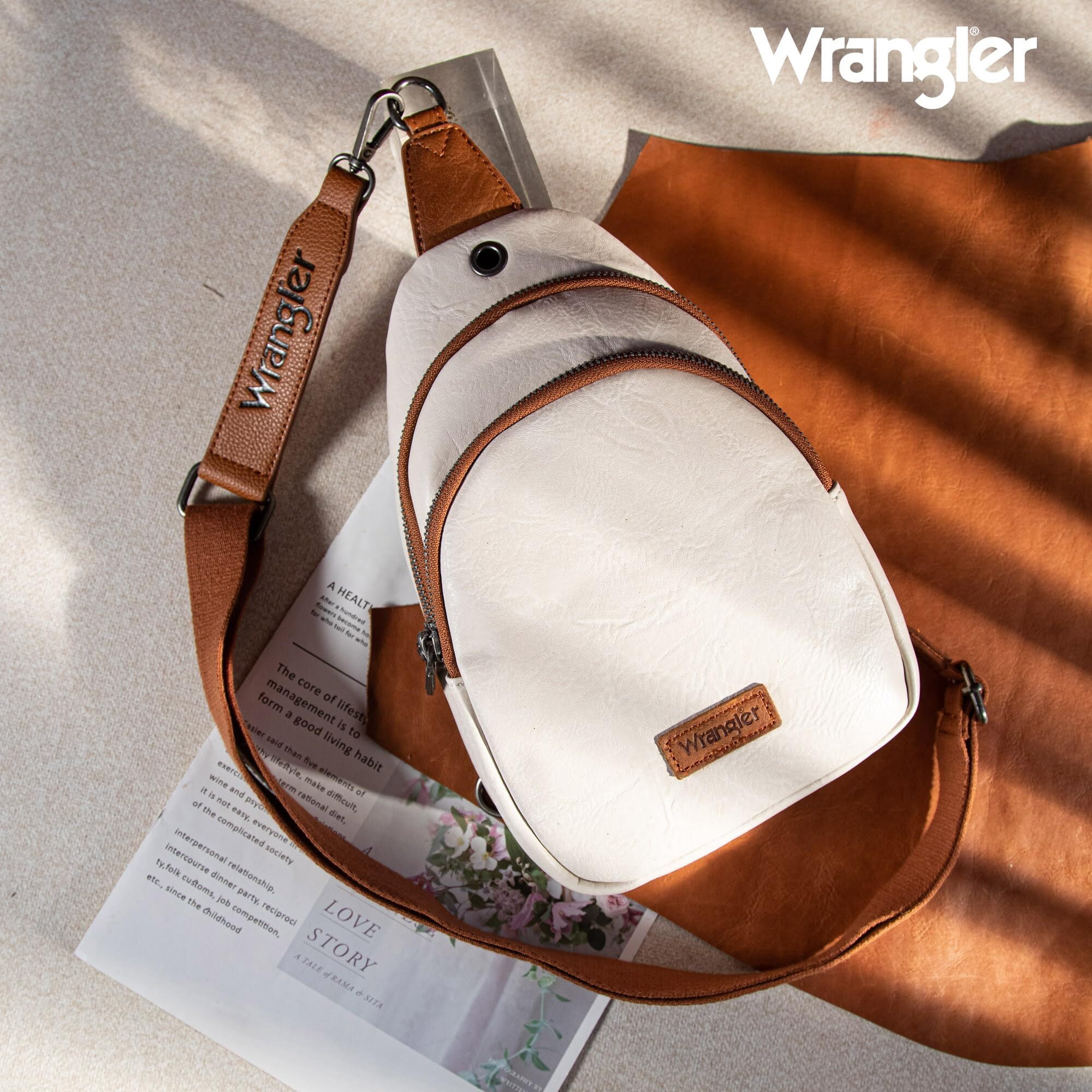 Wrangler Small Crossbody Sling Bags for Women Fanny Packs Chest Bag for Travel Gift, Beige Brown