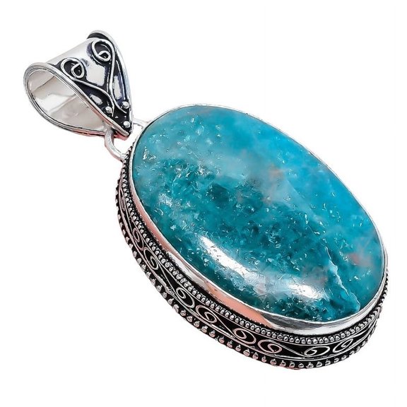 Neon Blue Apatite Gemstone Handmade 925 Sterling Silver Jewelry Pendant 2.17" AH-856