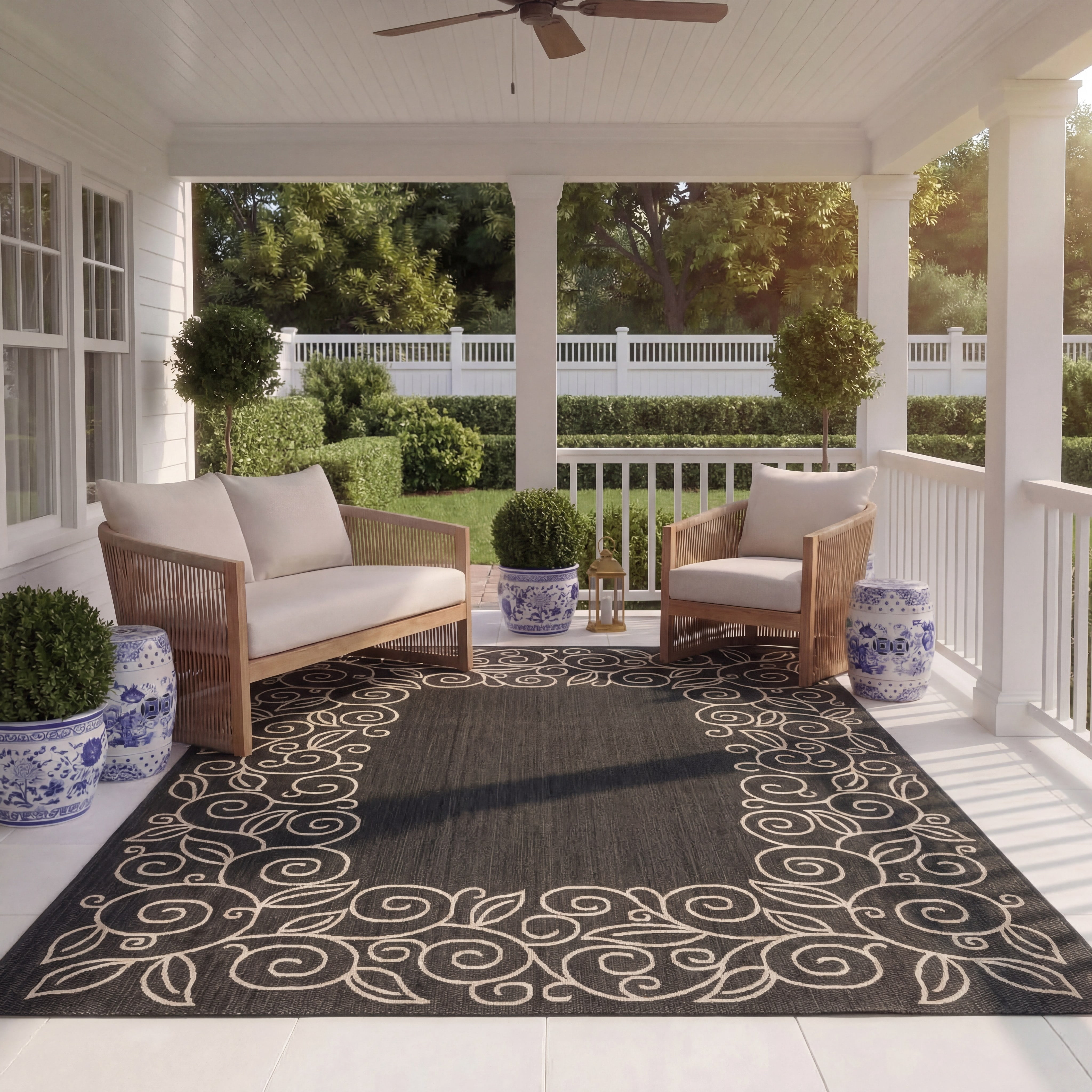 SAFAVIEH Courtyard Chole Bordered Indoor/Outdoor Area Rug, Black/Beige, 6'7" x 6'7" Square