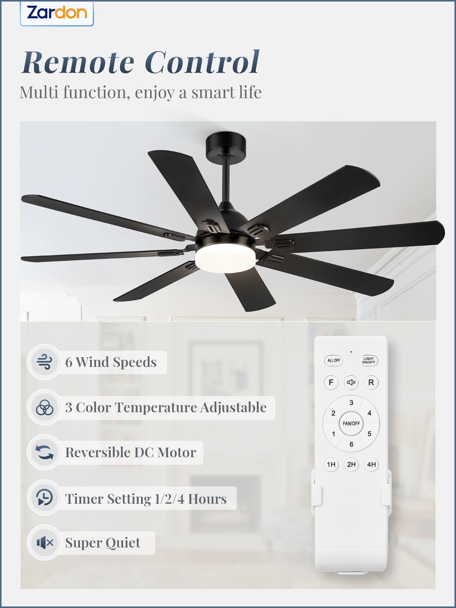 Zardon 62" Black Modern Ceiling Fan with Light and Remote Control, Reversible Quiet DC Motor, Bright LED Light, 6-Speed, Timer for Bedroom, Living Room