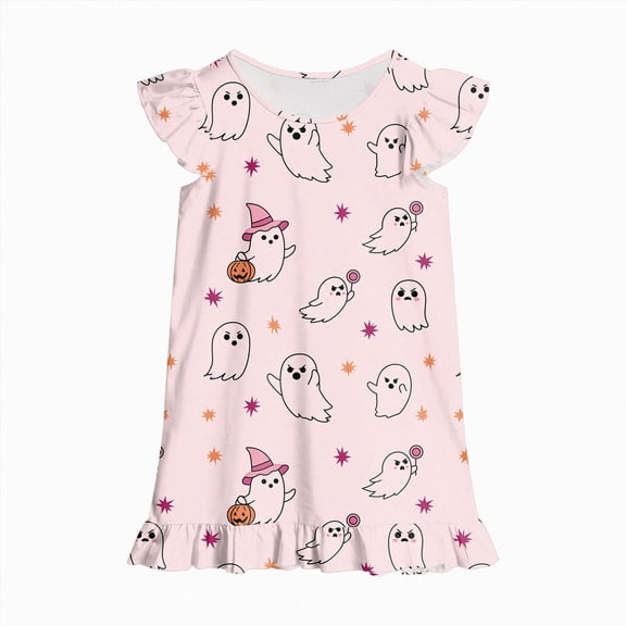 WXFAZCVU Toddler Girls Nightdress Halloween Graphic Print Sleepwear Short Sleeve Pajamas Dress Size 5-6 Years
