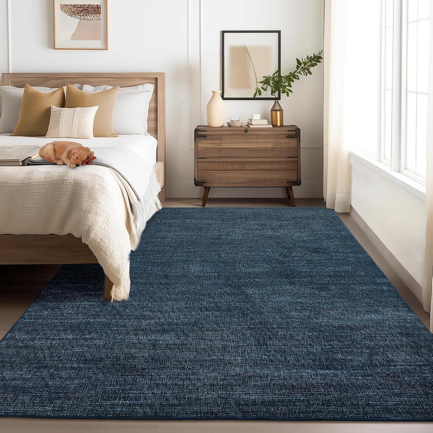 Memoryfield 9' x 12' Modern Area Rug, Washable Floor Cover, Non-Slip, Stain-Resistant Low-Pile Carpet for Living Room, Bedroom, Dining Room, Blue