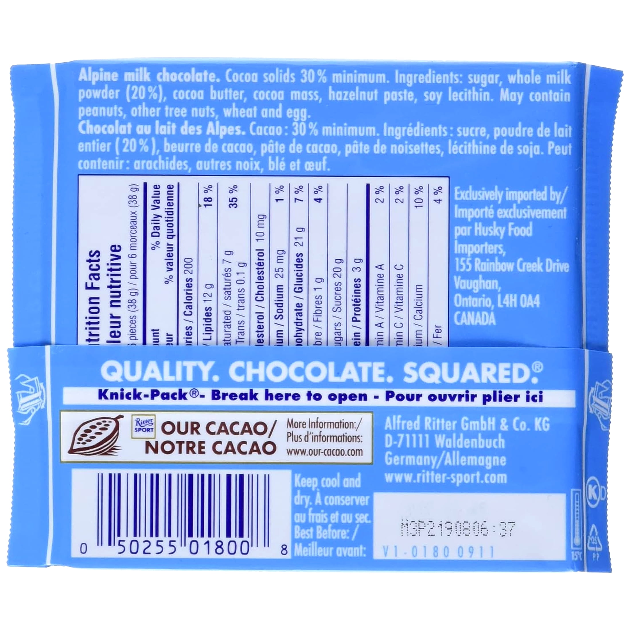 Ritter Sport, Alpine Milk Chocolate, 3.5-Ounce Bars (Pack of 12)