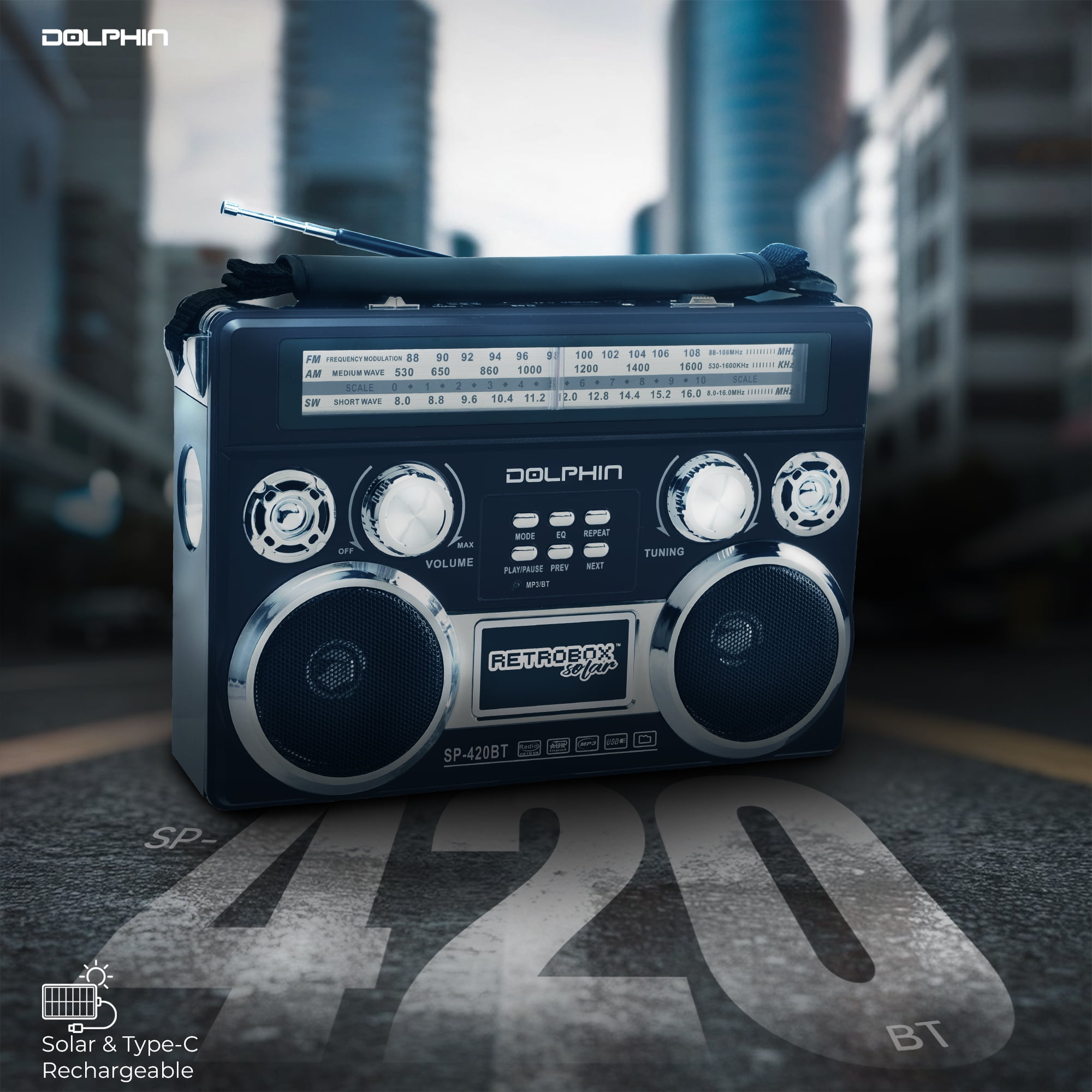 Dolphin SP-420BT Solar Portable Bluetooth Radio with MP3, LED Flashlight - Black