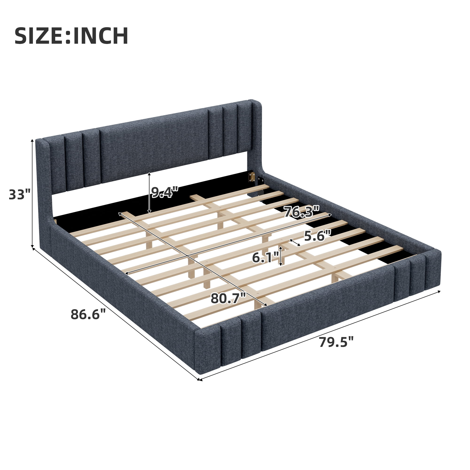 Euroco King Size Upholstery Platform Bed with Headboard, No Box Spring Needed, Gray