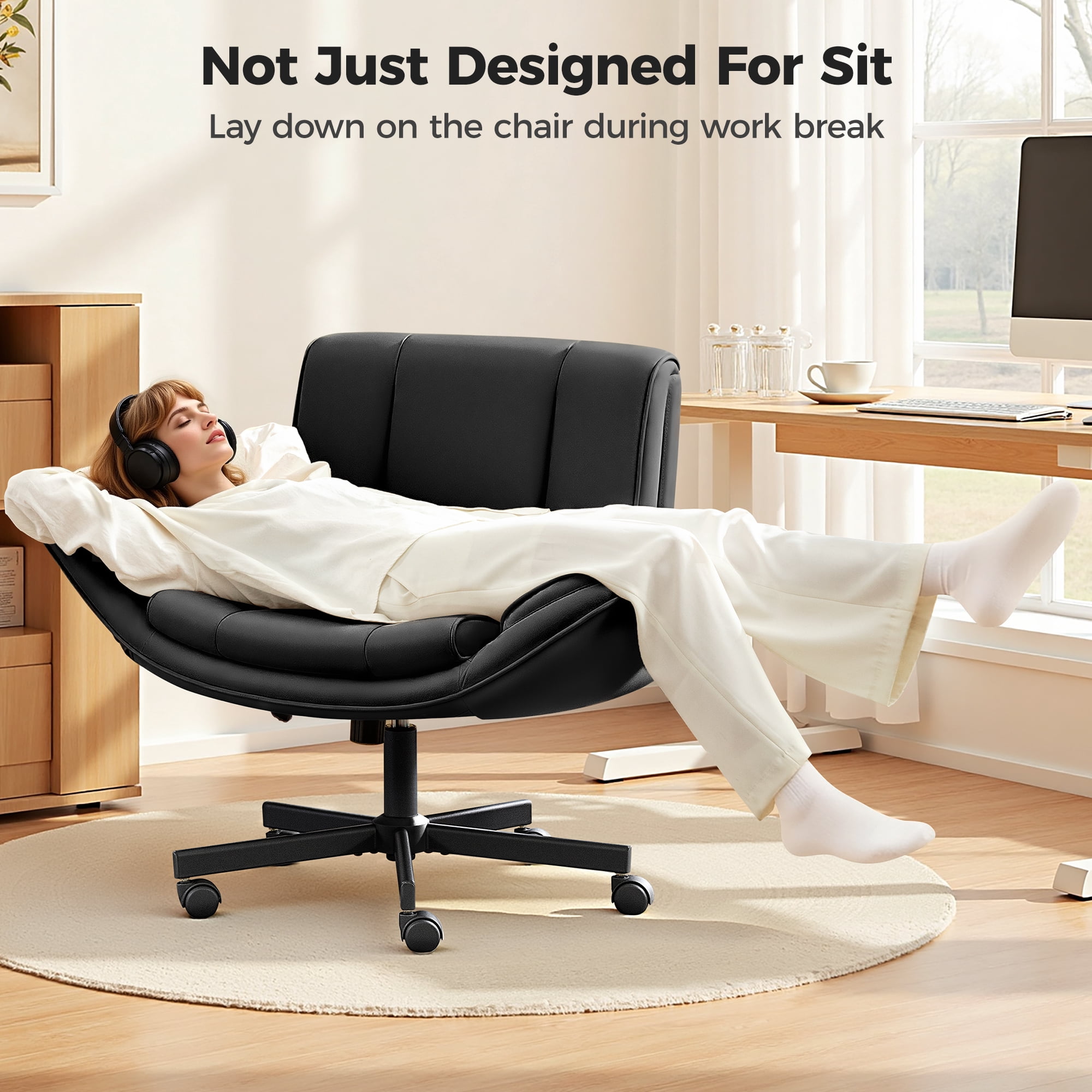 COOLHUT Criss Cross Office Chair, PU Leather Vanity Chair with Armrests and Wheels, Comfy Adjustable Swivel Ergonomic Criss Cross Chair for Home Office Bedroom Makeup, Black