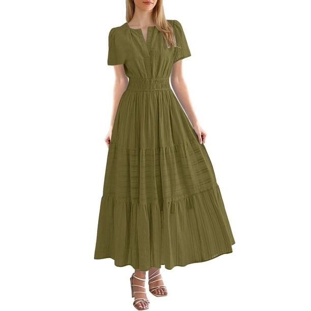 Vestido midi maxi informal de verano para mujer: vestido boho de playa con mangas cortas, cuello en V, cintura elástica y bolsillos - S-XXL