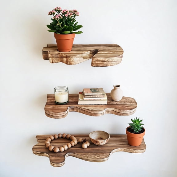 Set of 3 Live Edge Solid Wood Floating Shelves, Rustic Farmhouse Wall Shelves , Decorative Wall Display Shelves for Living Room, Bedroom, Bathroom