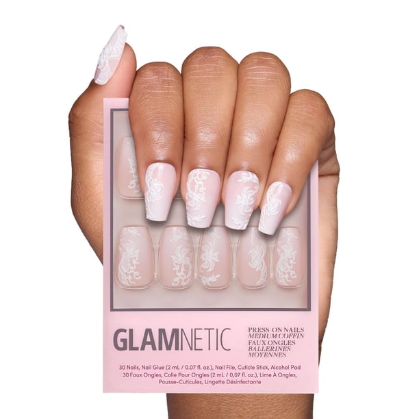 Set de 30 uñas Glamnetic Lace Blush de Press On Nails con pegamento