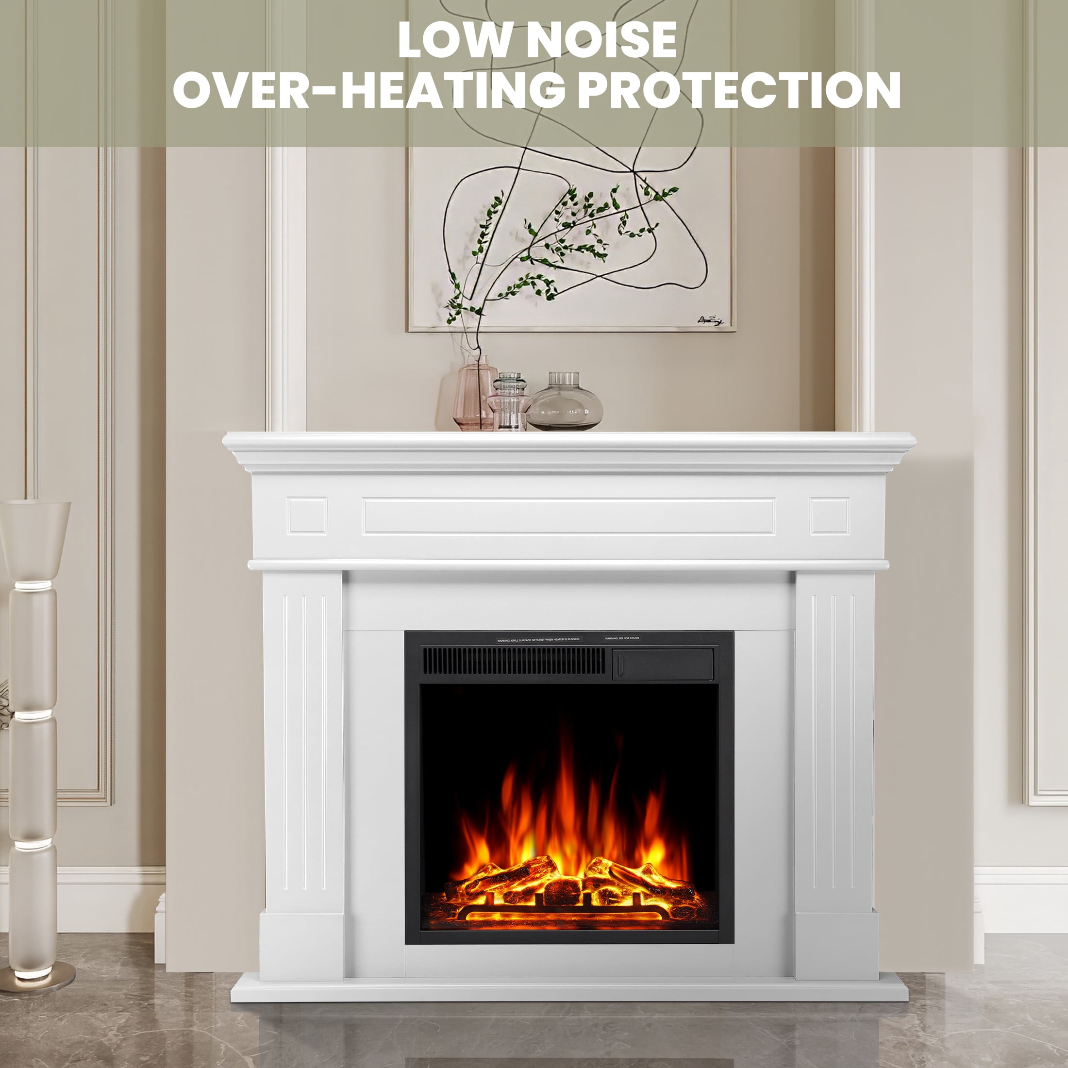 KISSAIR Electric Fireplace Mantel Package Wooden Surround Firebox Electric Fireplace Heater with Logs, Adjustable Led Flame, Remote Control for Room, 750W-1500W, Pearlwhite
