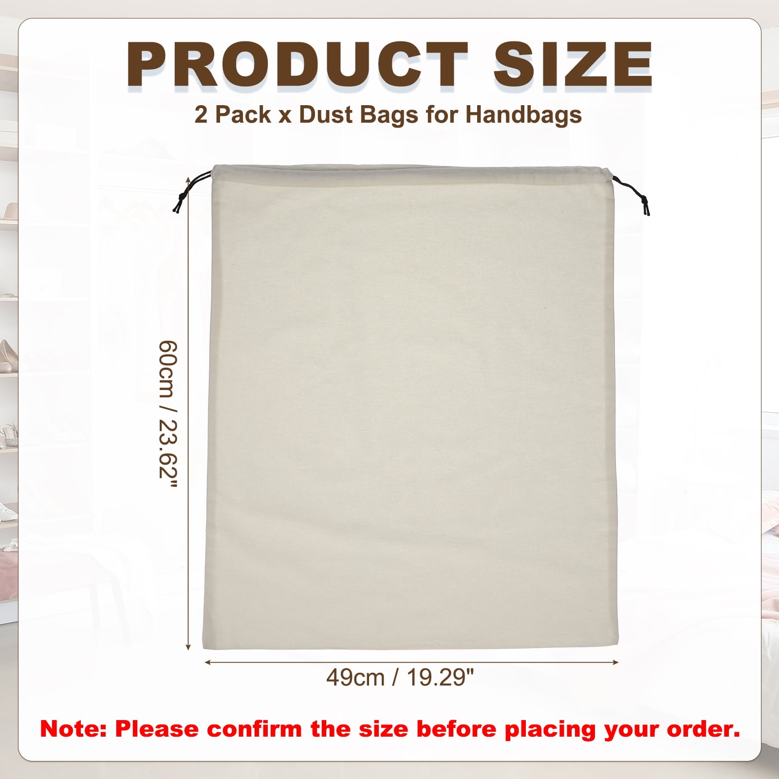 Uxcell 2 Pack Dust Bags for Handbags, 19.3x23.7" Cotton Drawstring Storage Pouch Bag Dust Cover Storage Bags for Purses Shoes Boots Daily Travel Storage, Beige