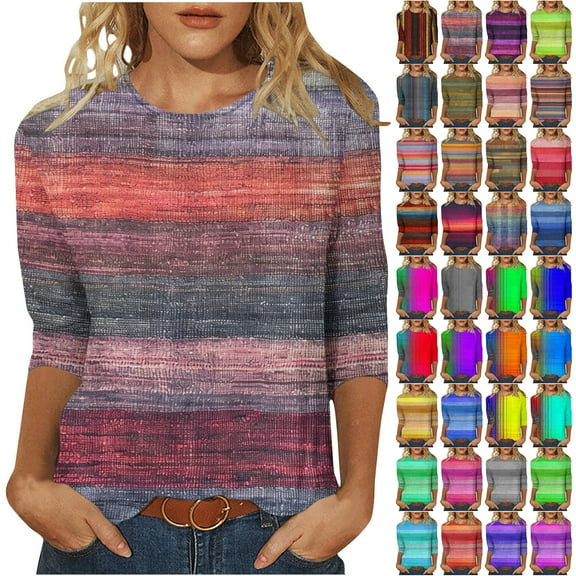 Otntypg Plus Size Womens 3/4 Sleeve Tops Fall Dressy Casual Striped Color Block Print Crew Neck Basic Tunic Tees Tshirt Loose Oversized Comfy Fashion Blouse Multicolor#02 L