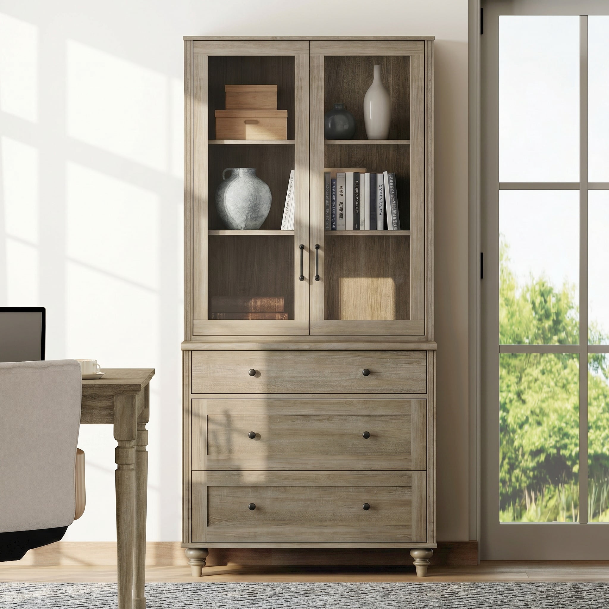 72"H × 34"W 5-Tier Farmhouse Wooden Library Bookcase with Glass Doors & 3 Drawers, Freestanding Storage Bookshelf for Living Room, Office & Kitchen, Wash Gray