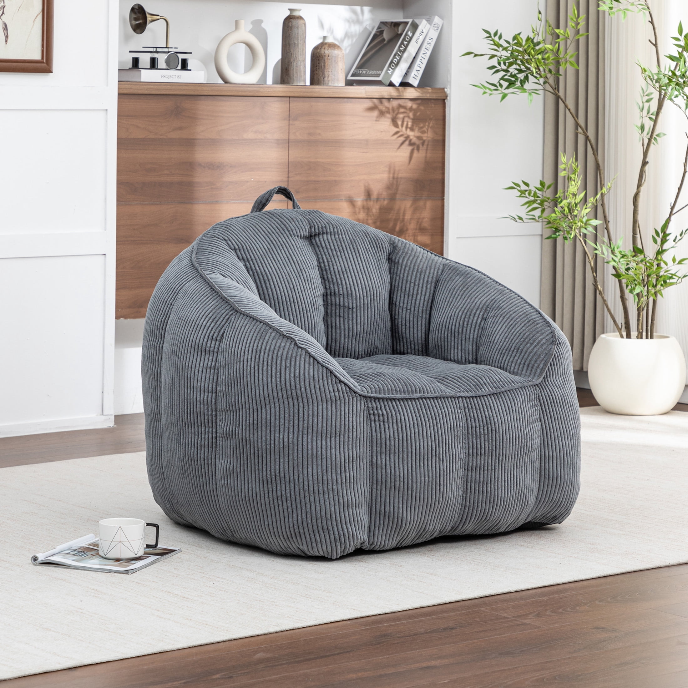 Noble House Revon Giant Corduroy Bean Bag Chair with Armrests, Cozy Memory Foam Lounge Couch for Living Room, Dark Gray