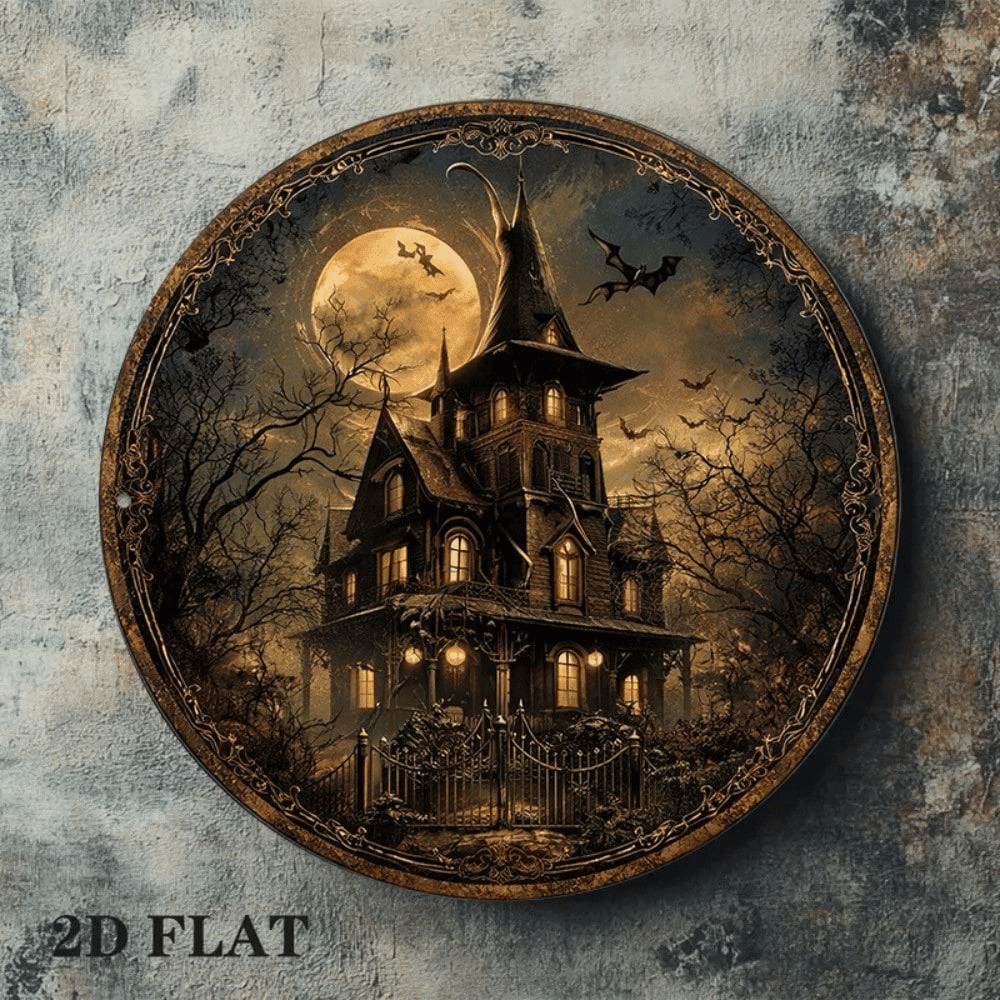8x8in Vintage Halloween Sign, Flat Round Plaque, Haunted House Horror Castle Decor