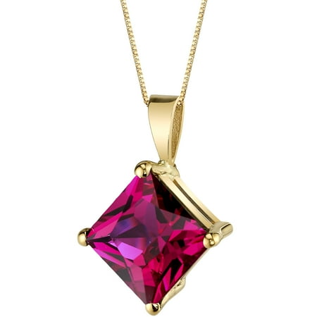 14kt Gold Ruby Cross Pendant - 14 Karat Yellow Gold Princess Cut 3.00 Carats Created Ruby Pendant