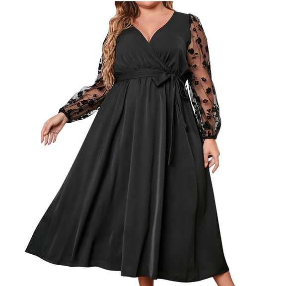 ibuvkizy Women Plus Size Dress,Womens Fashion Summer Dress,Women's Plus-Size Lace High-Waist Lace-Up Long Sleeve V-Neck Dress,Maxi Dress,Sun Dresses Maxi Dresses for Women 2025