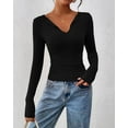 thumbnail image 3 of FreshPretty Long Sleeve Shirts for Women Fall Fashion V Neck Knit Ruched Slim Fit Casual Basic Tees Going Out Tops Y2k, 3 of 9