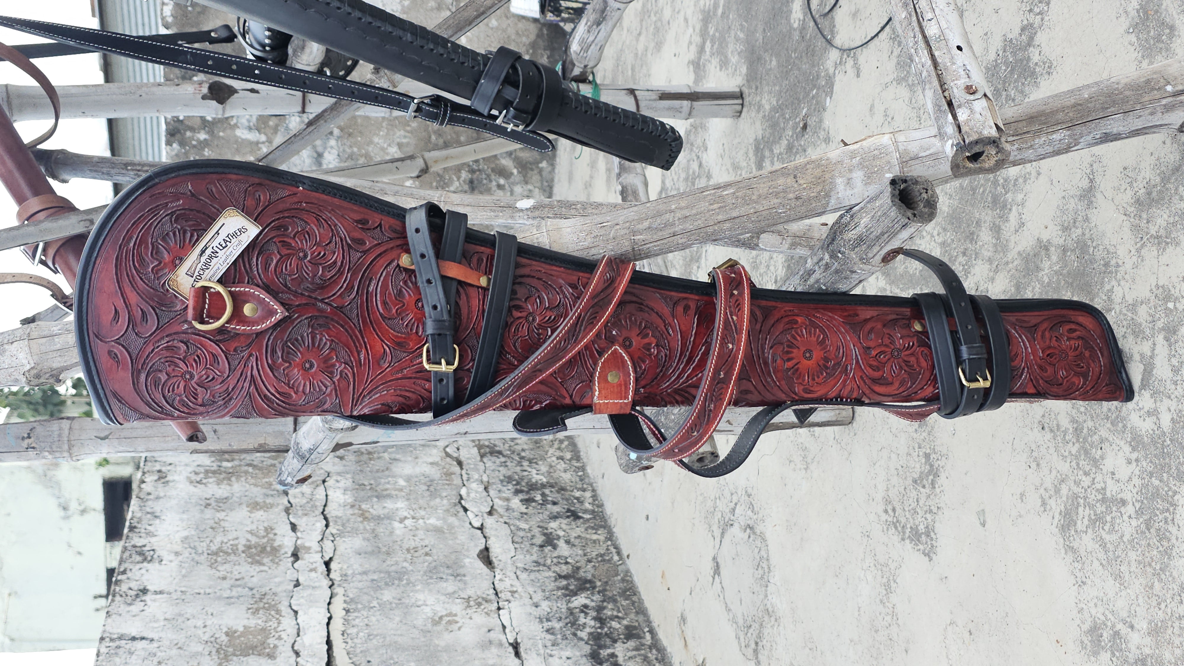 Rifle Scabbard Case 33.5" Western Floral Tooled Red Leather Ambidextrous Shoulder Holster for Rifle 1-Count