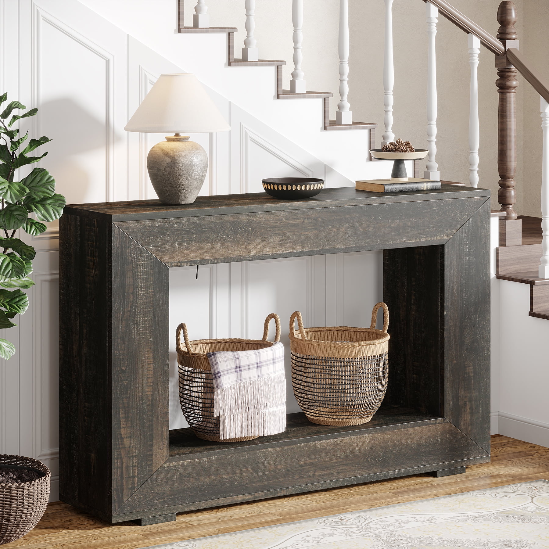 Finmind 47" Farmhouse Console Table, Industrial Entryway Console Table with Storage, Wood Accent Table for Hallway, Living Room, Entrance