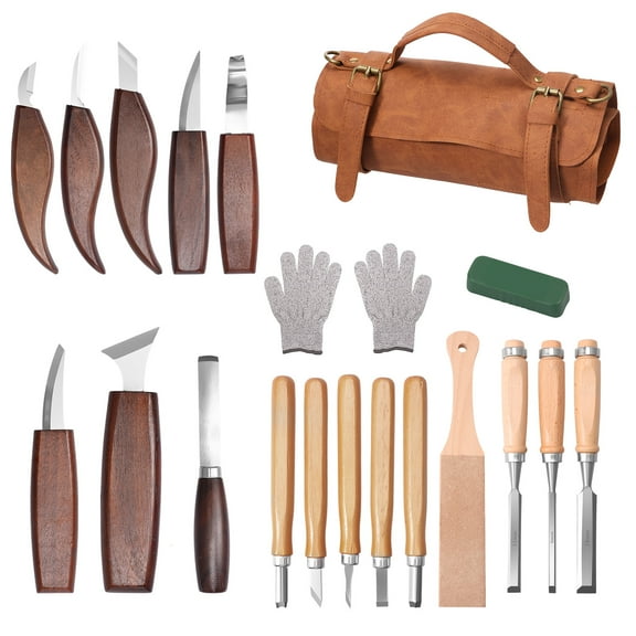 AEVXKHI 20PCS Wood Carving Kit, Wood Carving Tools with Leather Storage Bag, Wood Whittling Kit, with 3PCSChisels & 8PCS Whittling Knives & 5 Detail Knives for Beginners and Enthusiasts