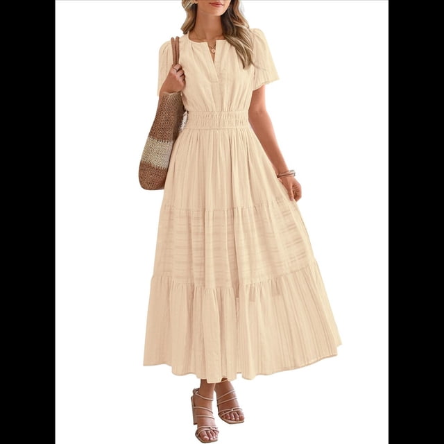 Vestido Midi Bohemio de Playa para Mujer, Informal, Ligero, de Verano, con Mangas , Escote en V y Cintura Elástica, con Bolsillos. Albaricoque XL