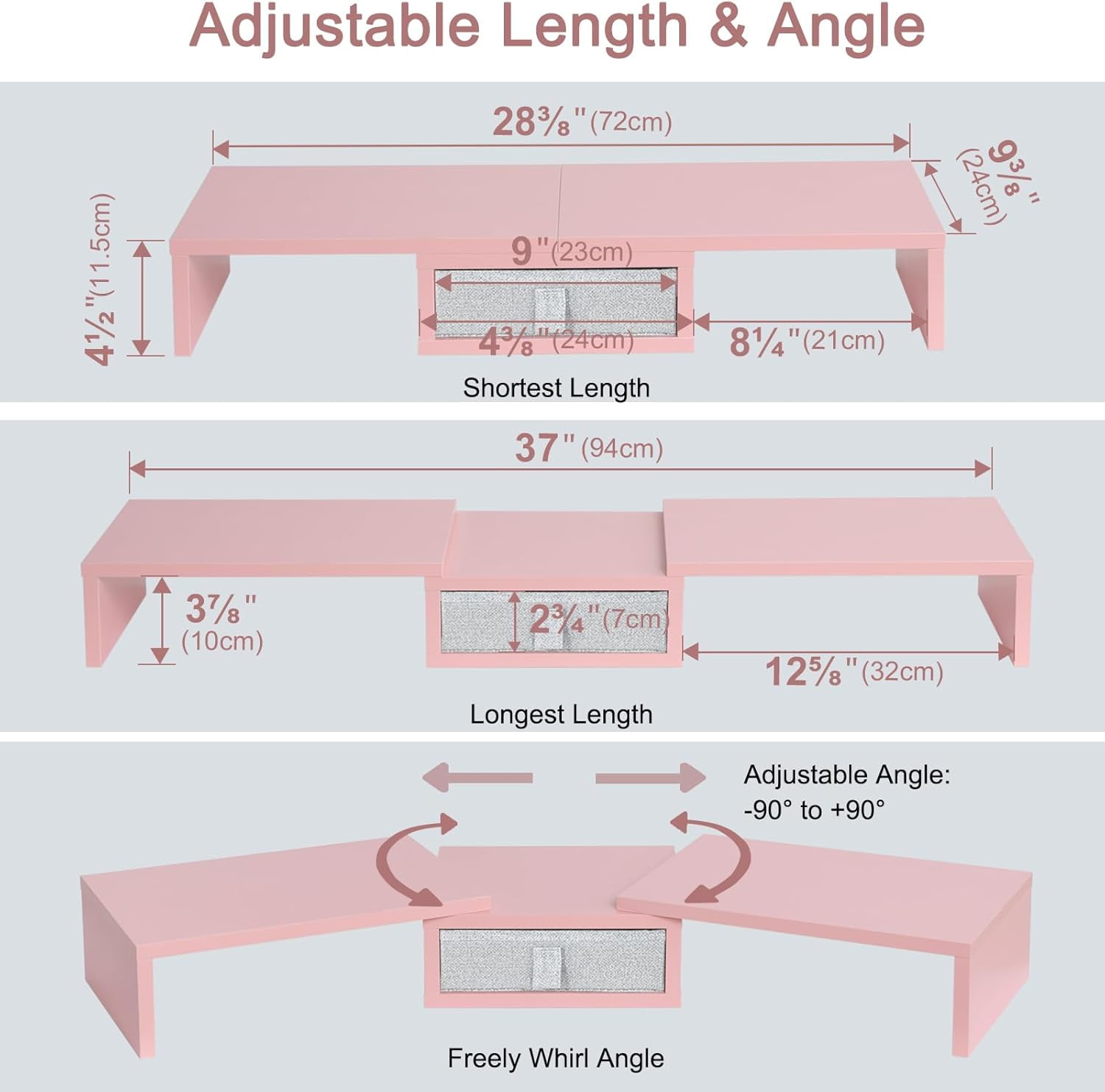 Pink Dual Monitor Stand Riser with Drawer - Length and Angle Adjustable Double Corner Desk Shelf Organizer 37 inch for 2 Laptop/PC/Screen/TV